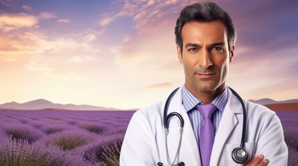 Distinguished Capture: Middle Eastern doctor, soft lavender background for medical advisories- generative AI, fiction Person