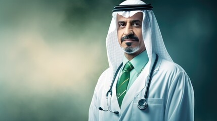 Distinguished Capture: Middle Eastern doctor, soft green studio background for medical advisories- generative AI, fiction Person