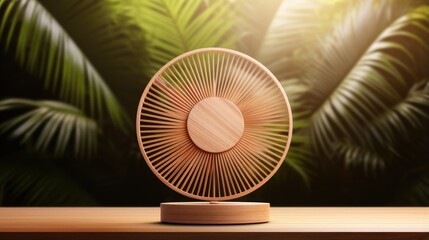 3D render of empty space on wooden stand with tropical leaves on brown background for product display Sunlight Hawaii Table top Podium Templates Backdrop Beauty
