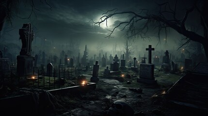 Dark graveyard with vintage headstone illustration