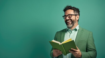 Engaging portrait of enthusiastic teacher highlighting copy space for educational materials against a green backdrop- generative AI, fiction Person