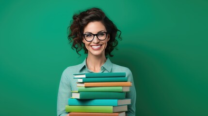 Engaging portrait of enthusiastic teacher highlighting copy space for educational materials against a green backdrop- generative AI, fiction Person