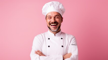Engrossing capture of a smiling chef indicating space for culinary promotions on a pastel pink background- generative AI, fiction Person