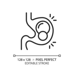 2D pixel perfect editable black pills in stomach icon, isolated monochromatic vector, thin line illustration representing metabolic health.