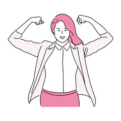 Business woman showing her muscles and confidence. Vector illustration in a linear style.