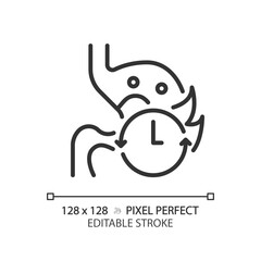 2D pixel perfect editable black stomach with time icon, isolated monochromatic vector, thin line illustration representing metabolic health.