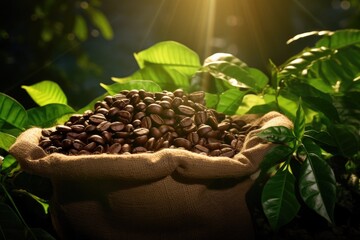 Open bag with coffee beans a green leaves.
