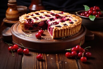 Sliced delicious cherry pie on wooden board