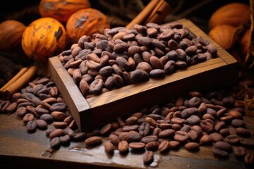 Cocoa beans and cocoa fruits on wooden table.