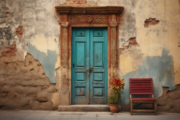 Old house wall with wooden door.