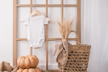 White newborn baby short sleeve bodysuit with autumn decor, plaid and pumpkins ideal boho kid...