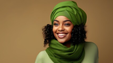 Beautiful Happy Luaging Young Black Woman with Green Hat and Scarf with Copy Space on a Grey Background- generative AI, fiction Person