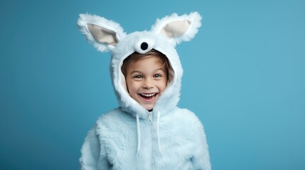 Cute Boy in a Bunny Costume for Halloween and/or Easter on a Blue Background with Space for Copy- generative AI, fiction Person