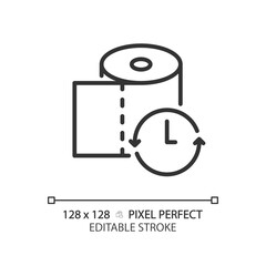2D pixel perfect editable black toilet paper with clock icon, isolated monochromatic vector, thin line illustration representing metabolic health.