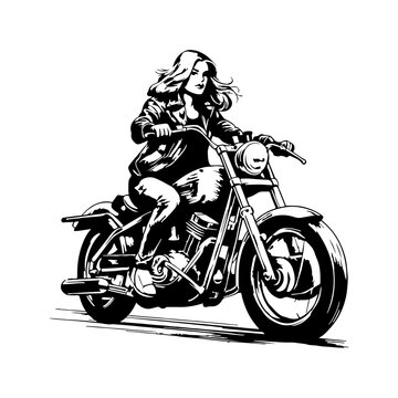 Sexy girl ride a motorbike. Biker party poster design. Vector illustration, Retro motorcycle skull Riding, black and white detailed vector illustration isolated without backdrop, flat style. Icon of a