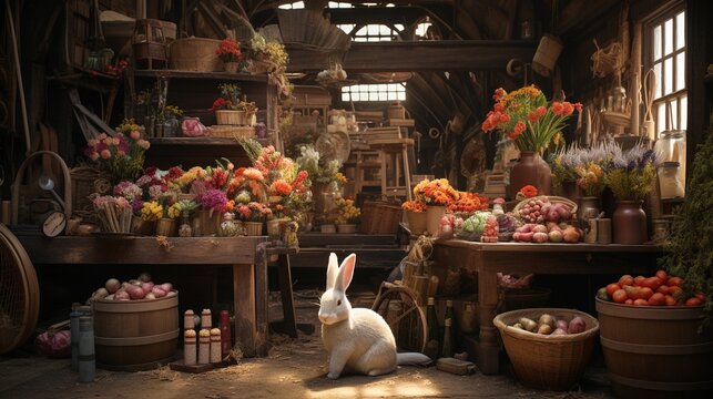 the Easter bunny's workshop filled with baskets and treats, background image, AI generated