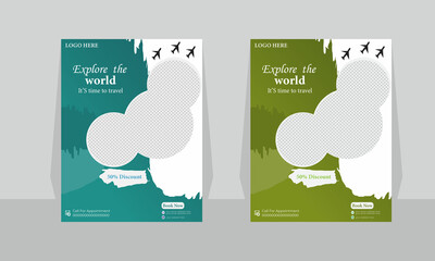 A modern creative travel flyer set with organic and geometric shapes.Flyer is ready for print.