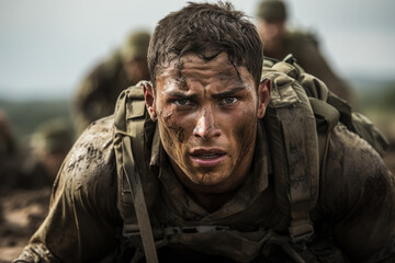 Obraz premium Strength and fortitude: Portraying the unwavering courage of an Israeli soldier amidst a military operation 