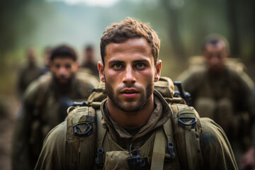 Fototapeta premium Strength and fortitude: Portraying the unwavering courage of an Israeli soldier amidst a military operation 
