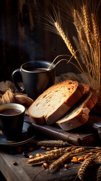hot coffee and breads in background with leaves, in the style of distressed and weathered surfaces, vertical format, background image, AI generated