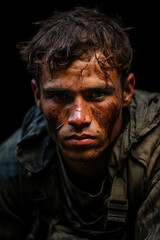 Fototapeta premium Anxiety and fear reflected on a soldier's face during a conflict operation in Israel 