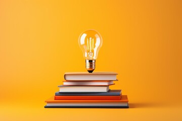 Orange lightbulb above stack of books on orange background, representing education, intelligence, or ideas. Generative AI