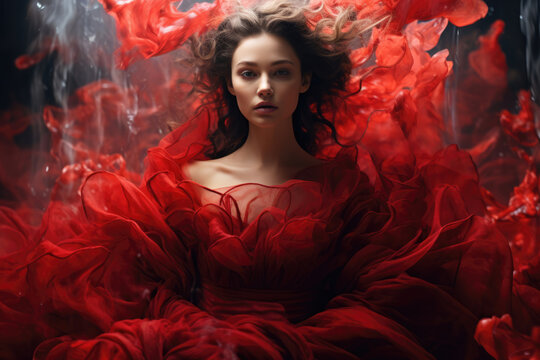 Creative portrait of a beautiful girl in a red dress