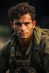 Fototapeta premium Strength and fortitude: Portraying the unwavering courage of an Israeli soldier amidst a military operation 