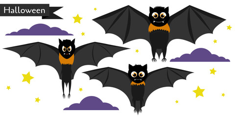 Set with three different bats for Halloween. Ordinary black bat, fat kind bat and thin evil bat. Flat cartoon illustration on a white background. Characters for Halloween.