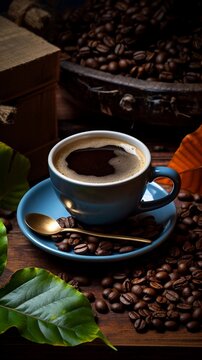 hot coffee and coffee beans in background with leaves, in the style of distressed and weathered surfaces, vertical format, background image, AI generated
