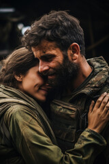 Fototapeta premium Nostalgia and longing: Capturing the heartfelt emotions of an Israeli soldier recalling home during a military operation 
