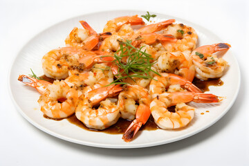Succulent grilled shrimps elegantly plated on a pristine white dish, showcasing the exquisite artistry of culinary expertise.