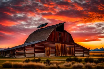 red barn in sunset - Powered by Adobe