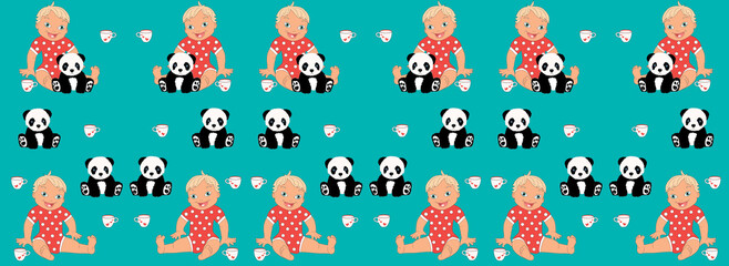  flat children's illustration. Cartoon child with a panda toy and a cup of milk. Drawings on fabric. Illustration on a blue background.
