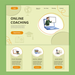 Online coaching flat landing page website template. Study program, digital library, audio book. Web banner with header, content and footer. Vector illustration.