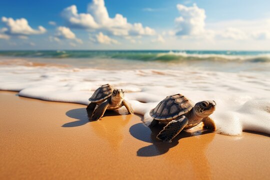 Two tiny turtles move along sandy beach by the sea. Generative AI