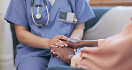 Holding hands, support and nurse with patient on a sofa for medical consultation for diagnosis. Care, empathy and closeup of female caregiver with black woman for connection in nursing home together. - Powered by Adobe