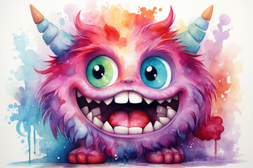 Cute positive monster in watercolor drawing style