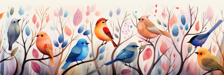Children's background of colored birds on a branch. Horizontal banner - obrazy, fototapety, plakaty