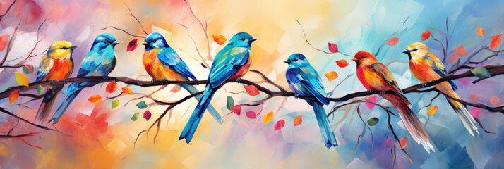 Children's background of colored birds on a branch. Horizontal banner