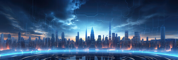 Futuristic abstract background from city and cyberspace, future technology concept. Horizontal banner