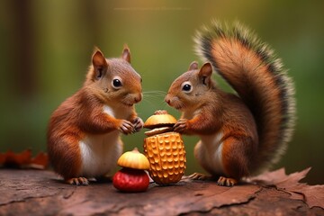 A squirrel and hedgehog holding nuts. Generative AI - obrazy, fototapety, plakaty