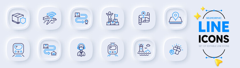 Pin, Lighthouse and Delivery service line icons for web app. Pack of Gift, Delivery man, Metro pictogram icons. Train, Map, Tracking parcel signs. Airplane wifi, Shipping support. Map point. Vector
