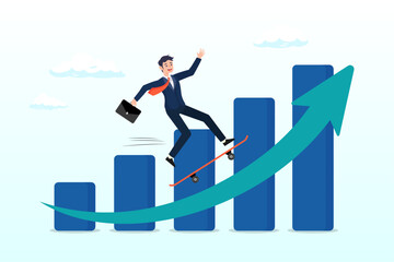 Smart businessman company leader riding skateboard fast on rising up profit graph diagram, business growth moving forward, company recover from crisis and accelerate growing up (Vector) - obrazy, fototapety, plakaty