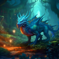 3D rendering of a fantasy dragon in a dark forest with a tree in the background