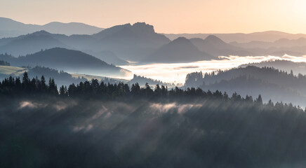 Beautiful sunrise in the picturesque mountains. Picturesque mists rolling in the valleys illuminated by the rays of the rising sun,Pieniny,Poland