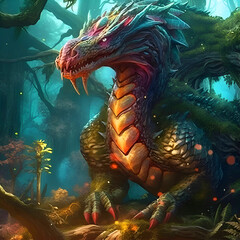 Fototapeta na wymiar Fantasy dragon in the forest. 3D illustration. Digital painting.