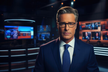 male news presenter broadcasts a program in a TV studio