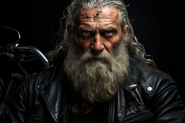 Obraz premium Portrait of a male biker with a beard in a leather jacket
