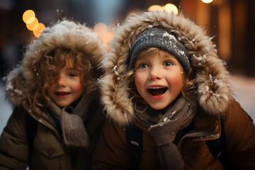 cute little kids in winter outfit fascinated looking at snowfall. Winter lifestyle, first snow.